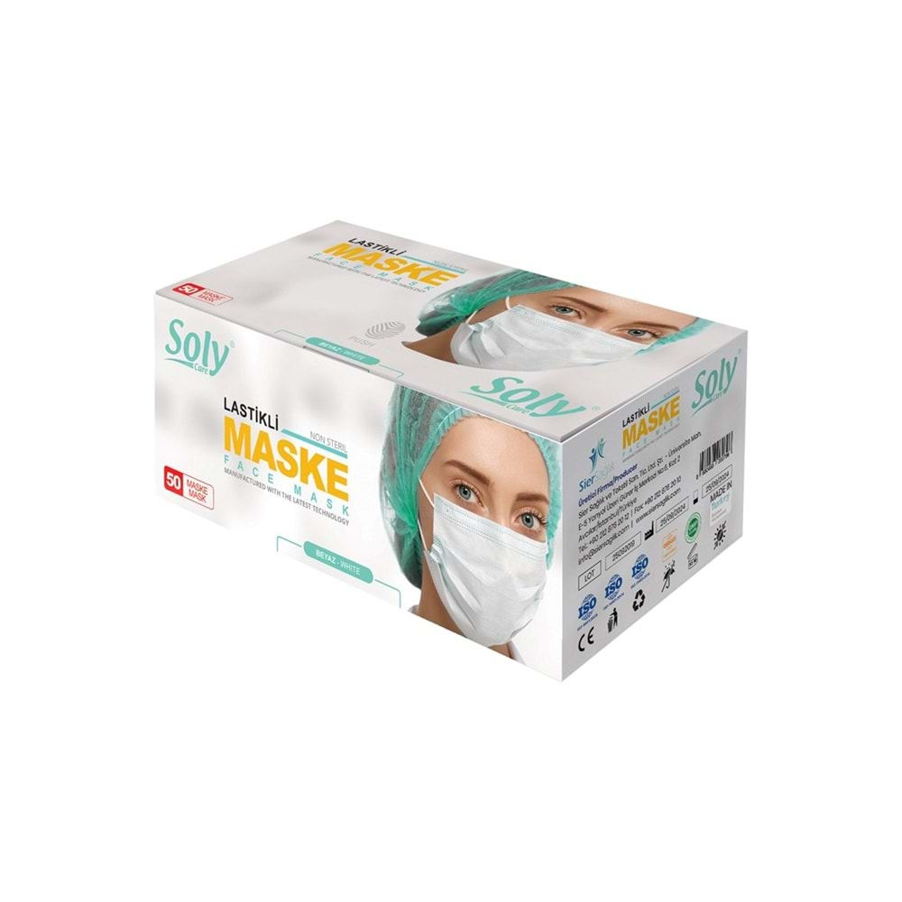 Yetişkin Cerrahi Maske Soly Beyaz 2 Katlı 50li