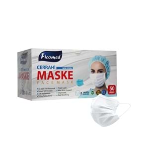 Yetişkin Cerrahi Maske Ficomed Beyaz 3 Katlı 50li